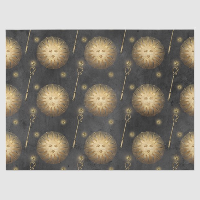 Gold Sun und Scepter Muster auf Black Decoupage Seidenpapier (Vorderseite)