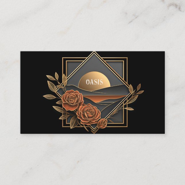 Gold Sunset Landscape and Copper Rose Floral Visitenkarte (Vorderseite)