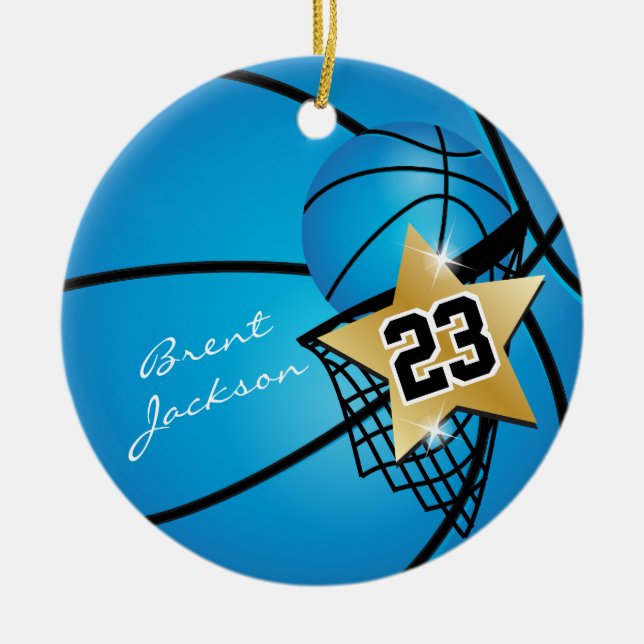 Gold Superstar Basketball | DIY Text | Blau Keramik Ornament (Vorne)