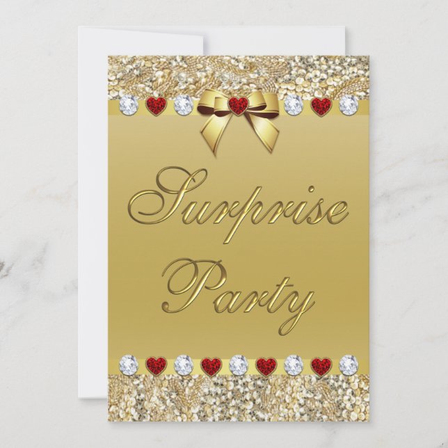 Gold Surprise Party Imitate Sequins Hearts Bow Einladung (Vorderseite)