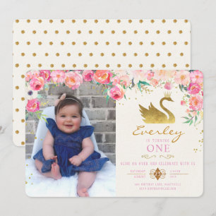 Gold Swan Princess Pink Floral Invitation d'annive