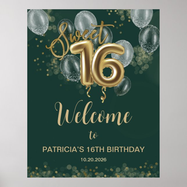 Gold Sweet 16 Balloons Emerald Green Willkommensze Poster (Vorne)