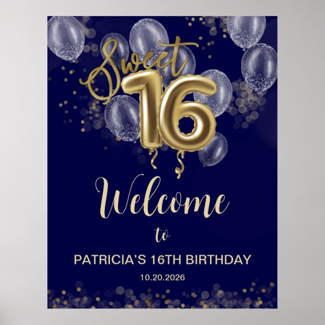 Gold Sweet 16 Balloons Royal Blue Begrüßungszeiche Poster (Vorne)