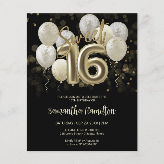 Gold Sweet 16 Bday Balloons Black Budge Einladung (Vorderseite)