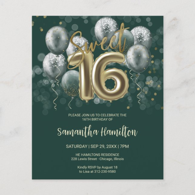 Gold Sweet 16 Bday Balloons Black Green Einladung (Vorderseite)
