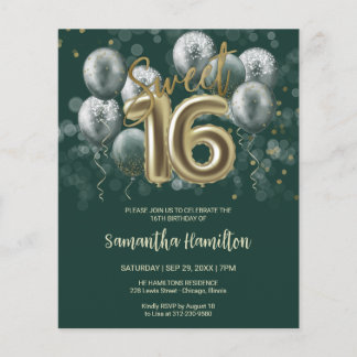 Gold Sweet 16 Bday Balloons Black Green Einladung