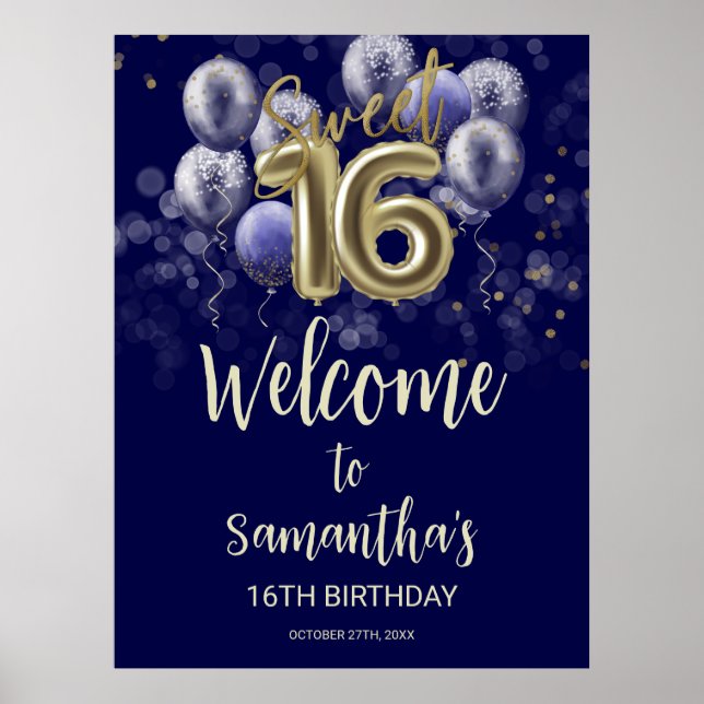Gold Sweet 16 Bday Balloons Blue Begrüßungszeichen Poster (Vorne)