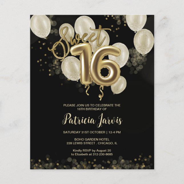 Gold Sweet 16 Bday Balloons Budget Einladungen (Vorderseite)