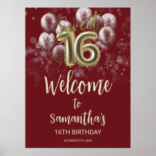 Gold Sweet 16 Bday Balloons Burgund Willkommenszei Poster