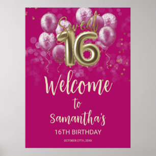 Gold Sweet 16 Bday Balloons Hot Pink Begrüßungszei Poster