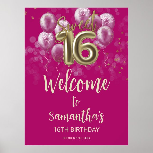 Gold Sweet 16 Bday Balloons Hot Pink Begrüßungszei Poster (Vorne)