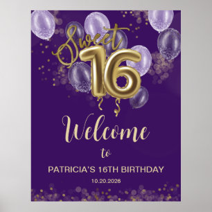 Gold Sweet 16 Bday Balloons Lila Willkommenszeiche Poster