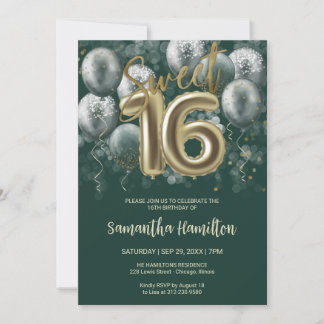 Gold Sweet 16 Bday Balloons Party Emerald Green Einladung