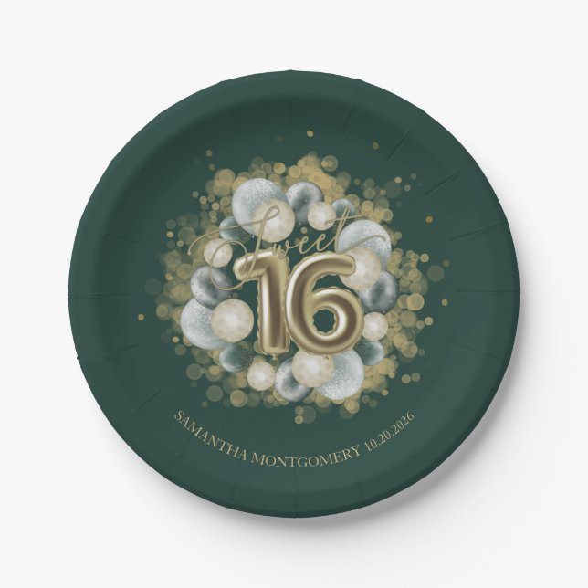 Gold Sweet 16 Bday Balloons Party Emerald Green Pappteller (Vorderseite)