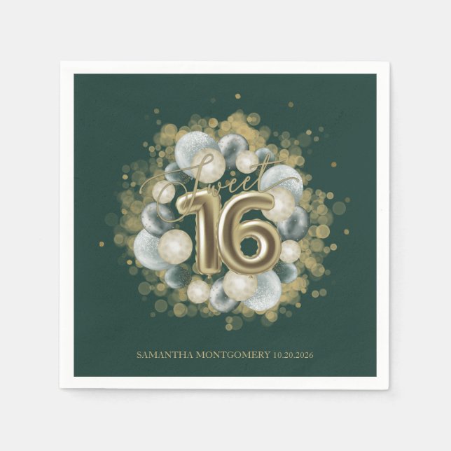 Gold Sweet 16 Bday Balloons Party Emerald Green Serviette (Vorderseite)