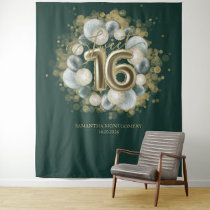 Gold Sweet 16 Bday Balloons Party Grüner Hintergru Wandteppich