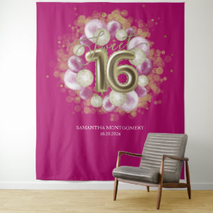 Gold Sweet 16 Bday Balloons Party Rosa Hintergrund Wandteppich