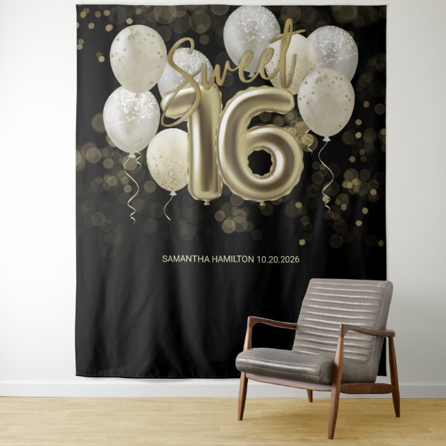 Gold Sweet 16 Bday Balloons Party Schwarzer Hinter Wandteppich (Beispiel)