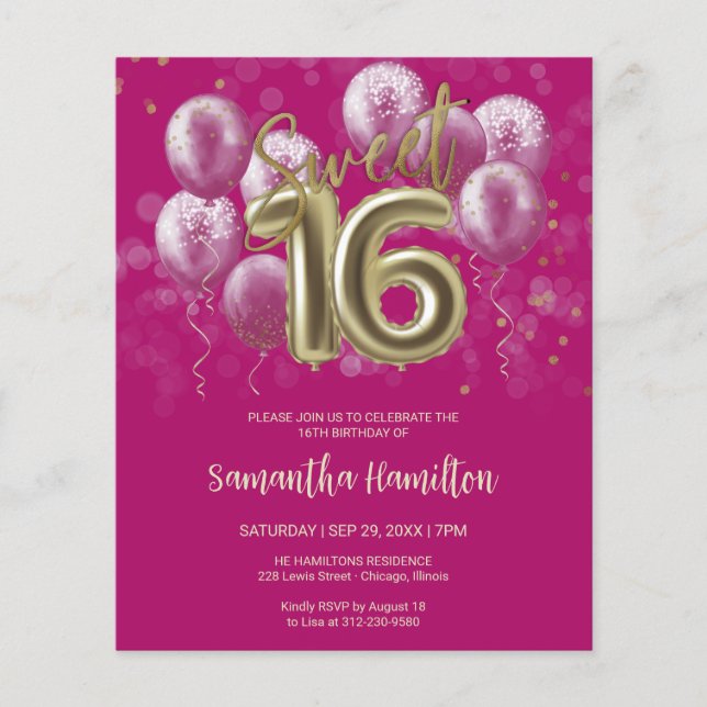 Gold Sweet 16 Bday Balloons Pink Budge Einladung (Vorderseite)