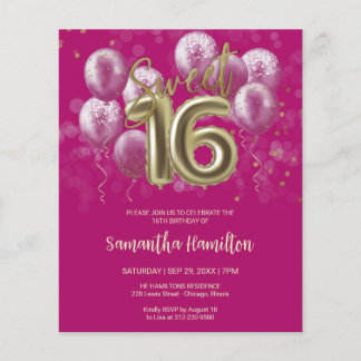 Gold Sweet 16 Bday Balloons Pink Budge Einladung