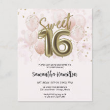 Gold Sweet 16 Bday Balloons Pink Budge Einladung