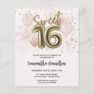Gold Sweet 16 Bday Balloons Pink Budge Einladung