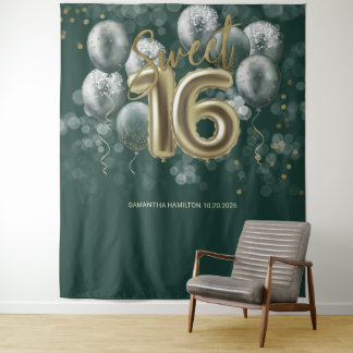 Gold Sweet 16 Bday Balloons Smaragdgrüner Hintergr Wandteppich