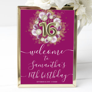 Gold Sweet 16 Geburtstagsballons Hot Pink Willkomm Poster