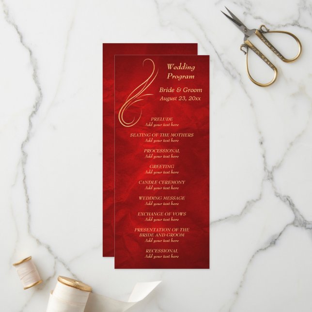 Gold Swirl Bright Red Wedding Programme (Devant/Arrière en situation)