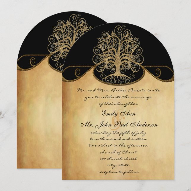 Gold Swirl Tree Gold & Black Metallic Wedding Einladung (Vorne/Hinten)