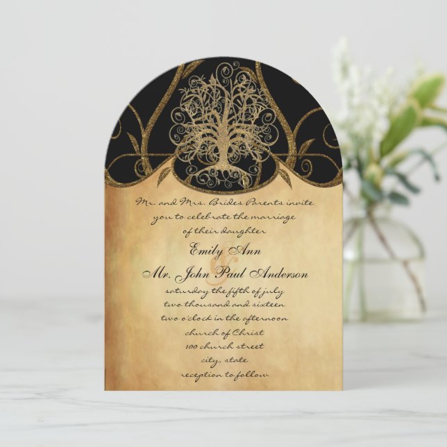 Gold Swirl Tree Gold & Black Metallic Wedding Einladung (Stehend Vorderseite)