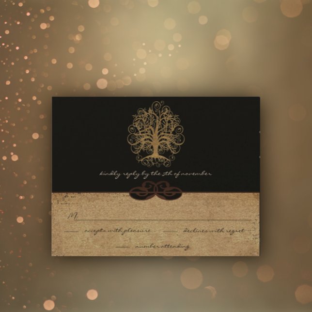 Gold Swirl Tree Gold & Black Metallic Wedding RSVP Karte (Von Creator hochgeladen)