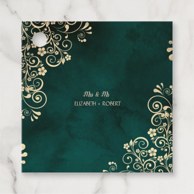 Gold Swirls Emerald Green Wedding  Geschenkanhänger (Vorderseite)