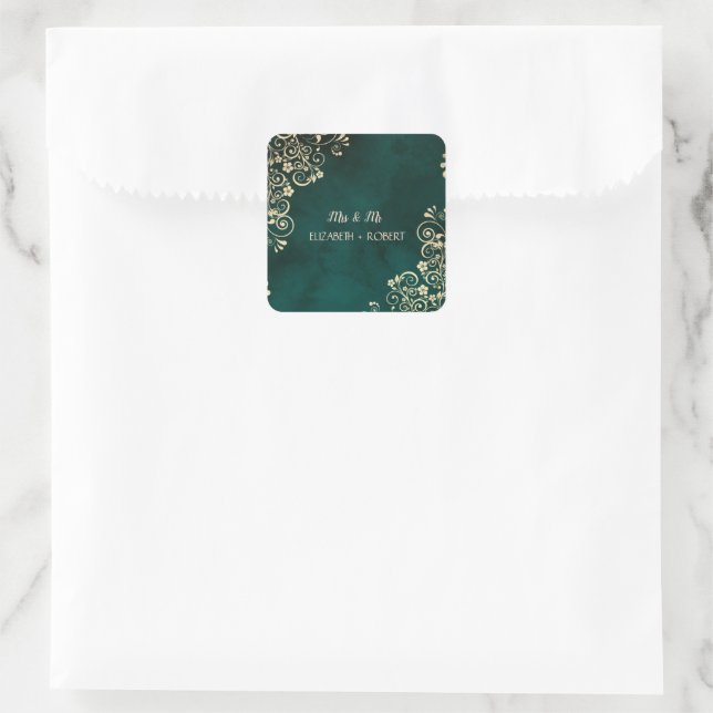 Gold Swirls Emerald Green Wedding  Quadratischer Aufkleber (Tasche)