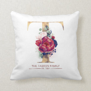 Gold T Monogram Floral Burgund Red and Navy Blue Kissen