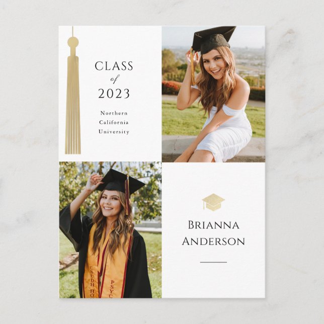 Gold Tassel & Cap 2 Foto Abschluss Ankündigungspostkarte (Vorderseite)