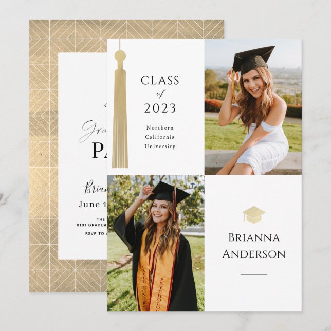 Gold Tassel & Cap 2 Foto Abschluss Einladung (Vorne/Hinten)