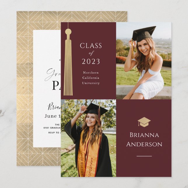 Gold Tassel & Cap 2 Foto Burgundy Abschluss Einladung (Vorne/Hinten)