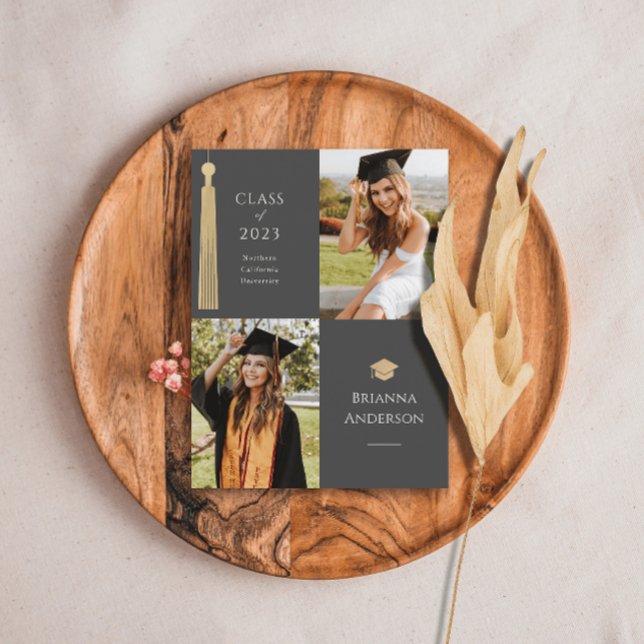 Gold Tassel & Cap 2 Foto Grau Abschluss Ankündigungspostkarte (Von Creator hochgeladen)