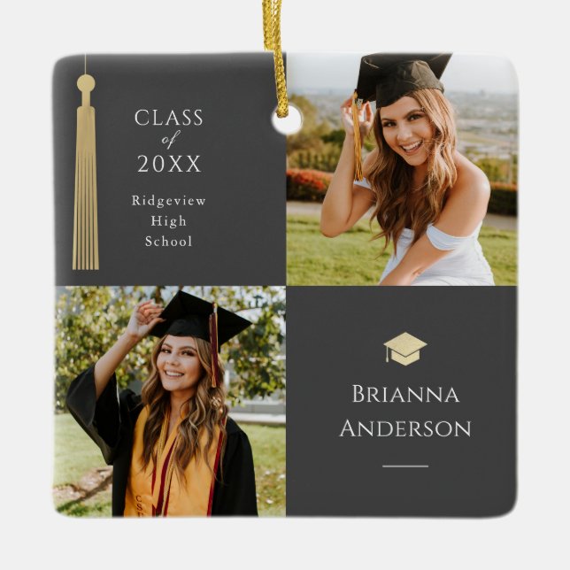 Gold Tassel & Cap Dark Gray Foto Abschluss Keramikornament (Vorderseite)