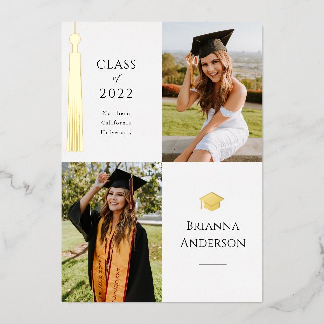 Gold Tassel White 2 Foto Abschluss Folieneinladung (Vorderseite)