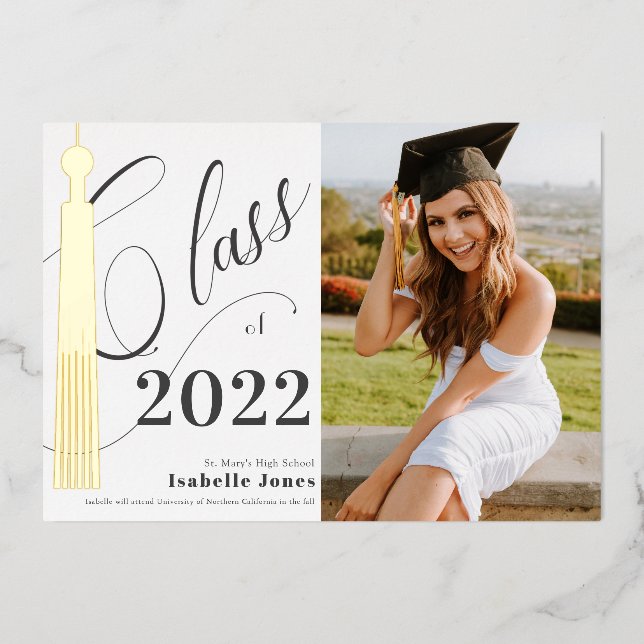 Gold Tassel White Foto Abschluss Folieneinladung (Vorderseite)