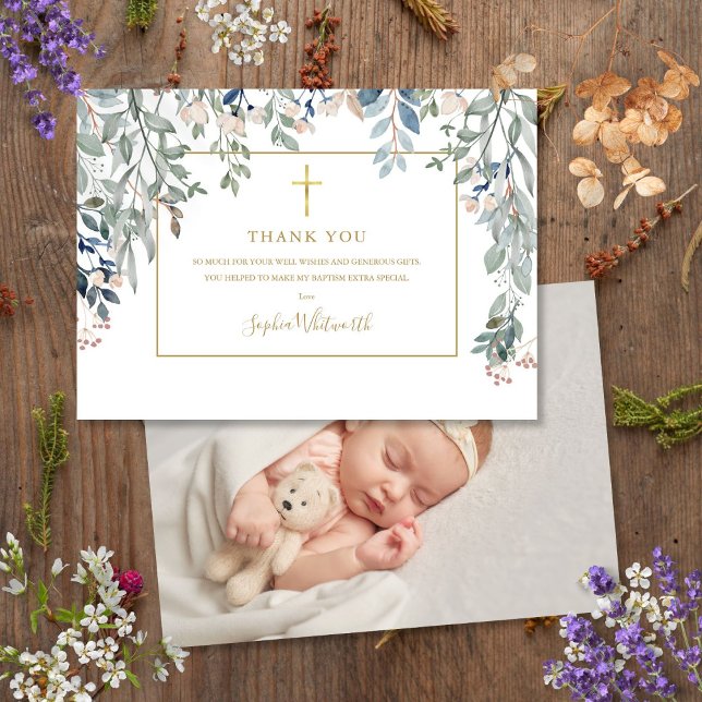 Gold Taufe Christening Foto Foliage Gold Dankeskarte (Gold Baptism Christening Photo Foliage Gold Thank You Card)