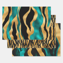 Gold Teal Black Tiger Stripe Pattern Abstract Geschenkpapier Set