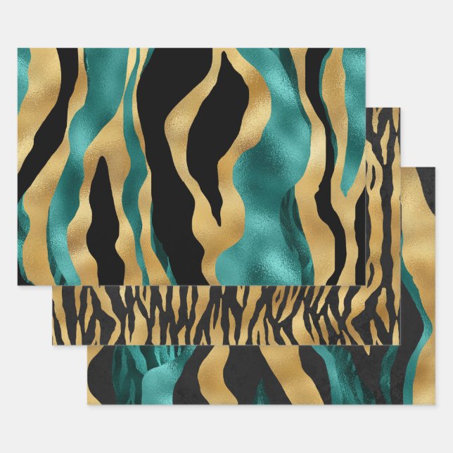Gold Teal Black Tiger Stripe Pattern Abstract Geschenkpapier Set (Set)