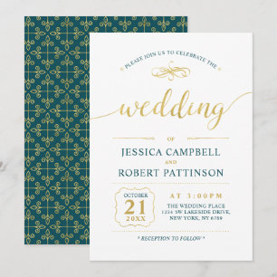 Gold & Teal Elegante klassische Hochzeitszeremon Einladung