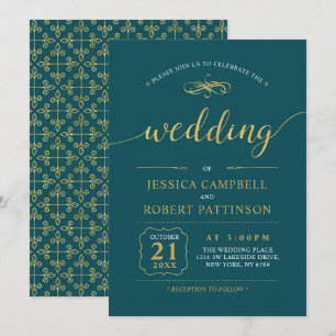 Gold & Teal   Elegante klassische Hochzeitszeremon Einladung