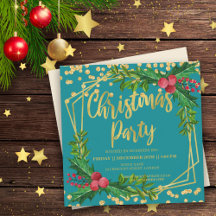 Gold Teal Floral Holly Glitter Christmas Corporate