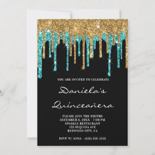Gold Teal Glitter Tropfen Schwarze Quinceañera Einladung