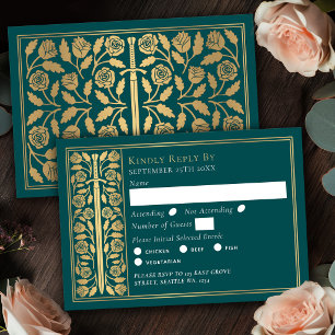 Gold Teal Mittelalter-Schwert Hochzeits-RSVP RSVP Karte